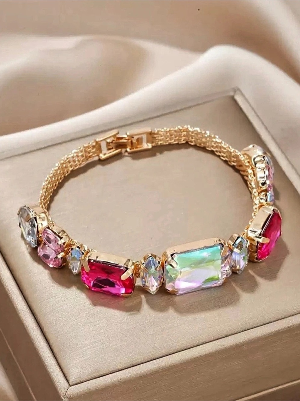 Crystal Statement Bracelet in Pink & Gold Like New